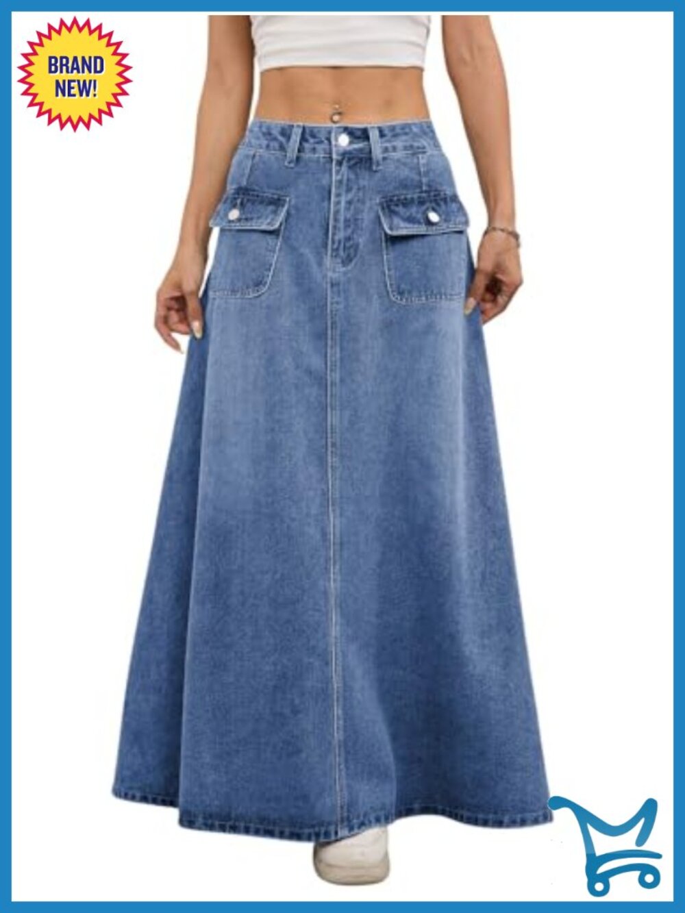Mid-Rise Pleated Flared Denim Maxi Skirt A-Line Swing
